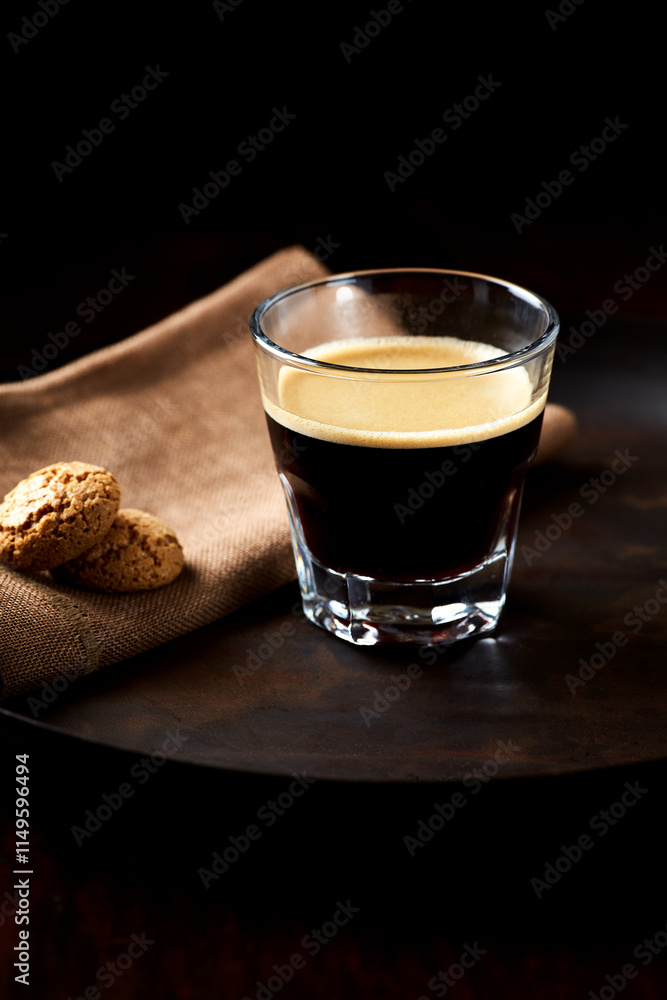 Coffee in glass cup on dark background. Close up. Copy space Coffee in glass cup on dark background. Close up. Copy space