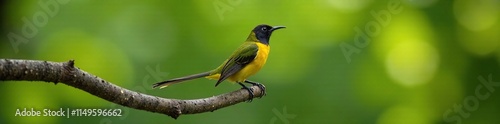 Olive backed sunbird perched on a large branch, with its long tail feathers extended, bird behavior, plumage, avian details photo