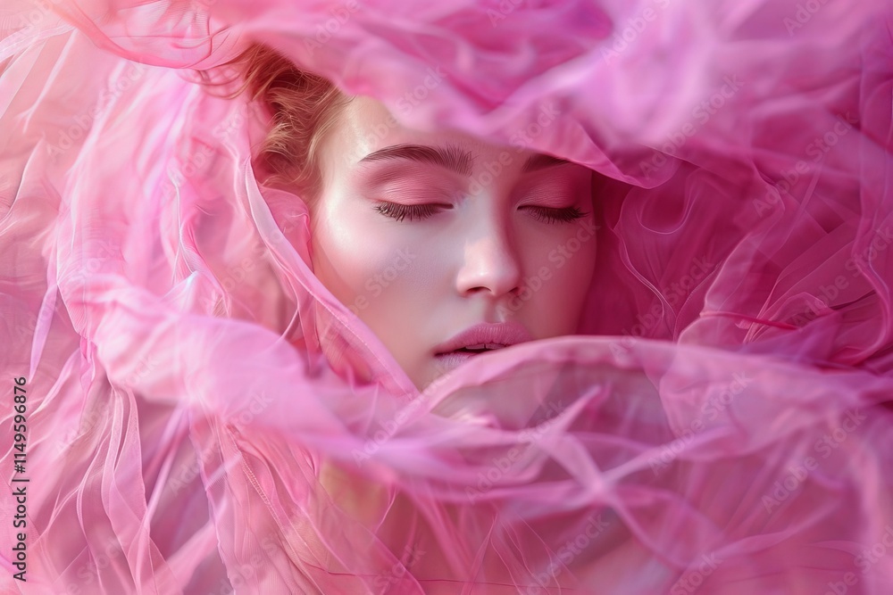 Model with pink makeup posing with eyes closed and a pink transparent fabric covering her face Model with pink makeup posing with eyes closed and a pink transparent fabric covering her face