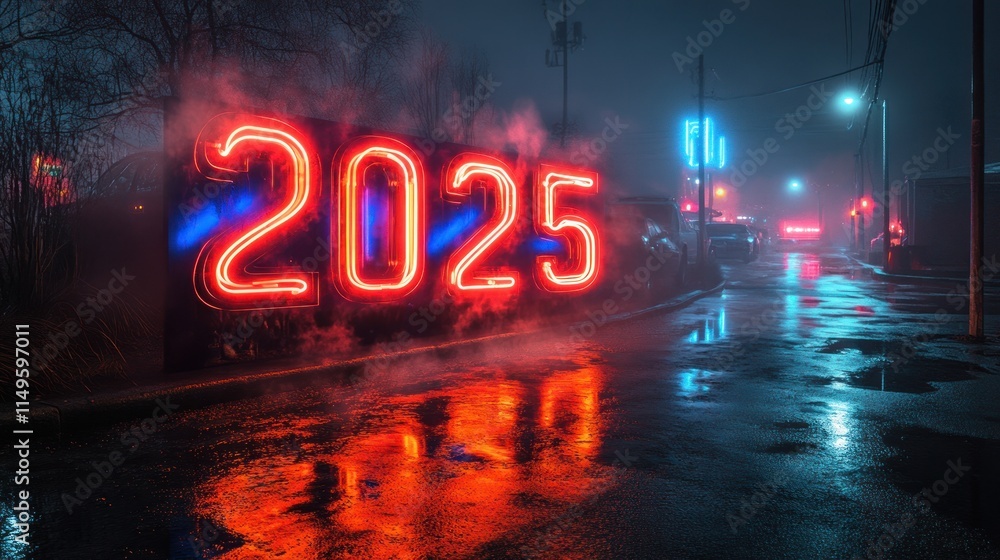 Neon 2025 sign on wet street at night. Neon 2025 sign on wet street at night.
