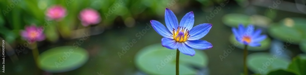 Blue fan flower Scaevola aemula in water garden pond, flowers, foliage Blue fan flower Scaevola aemula in water garden pond, flowers, foliage