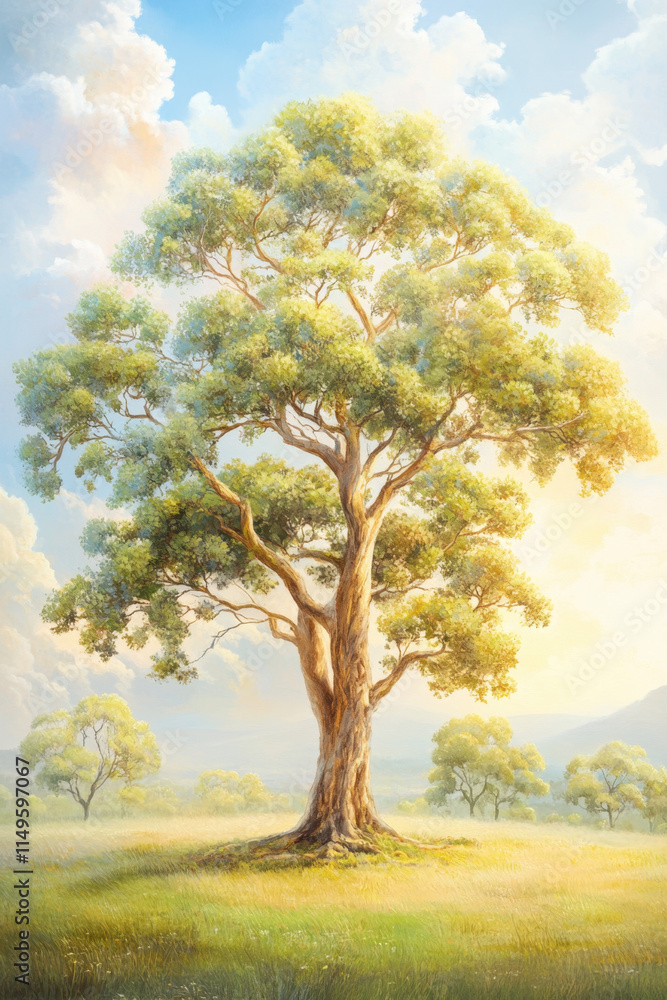 Fototapeta premium Tree standing, A photorealistic image of a eucalyptus tree, showcasing intricate details and natural beauty, suitable for various creative projects.