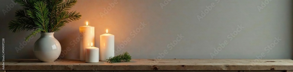 Candles and evergreen branches in a minimalist vase on a rustic wooden sideboard, evergreen, ambiance, simplicity Candles and evergreen branches in a minimalist vase on a rustic wooden sideboard, evergreen, ambiance, simplicity