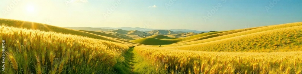Fototapeta premium Rolling hills and vast plains of golden wheat and green grasses, farmland, landscape, grasslands