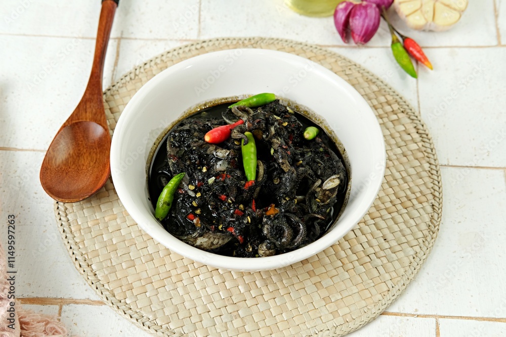A delicious bowl of stir-fried squid in rich black ink sauce or tumis cumi hitam, garnished with fresh red and green chilies. This traditional seafood dish is beautifully presented, A delicious bowl of stir-fried squid in rich black ink sauce or tumis cumi hitam, garnished with fresh red and green chilies. This traditional seafood dish is beautifully presented,