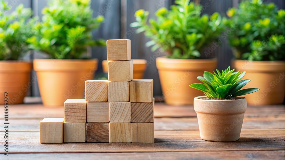 Fototapeta premium SEO Strategy: Growth, Optimization, and Success with Wooden Blocks and Blooming Flower