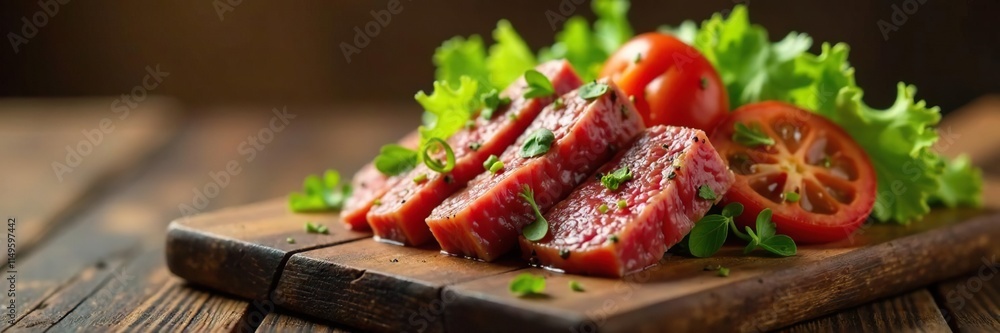 Colorful beef meat cube salad on a wooden table isolated on background, beef, meat Colorful beef meat cube salad on a wooden table isolated on background, beef, meat