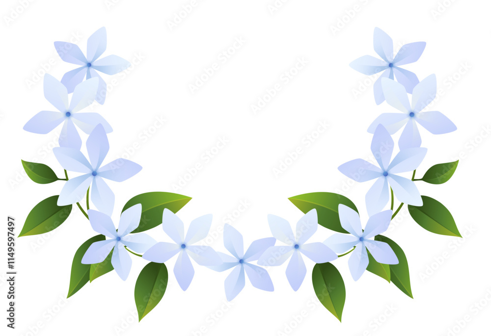 White jasmine flowers with leaves arranged in a semicircle White jasmine flowers with leaves arranged in a semicircle