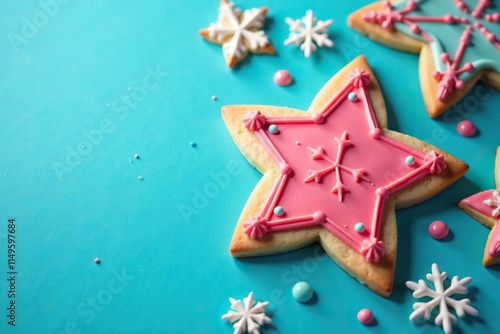 Decorated cookie with star made of royal icing on a bright blue background, sparkle, cookies, snowflakes photo