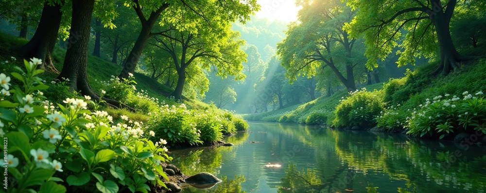 Summer landscape with an overgrown riverbank and vibrant greenery, vegetation, summer, nature Summer landscape with an overgrown riverbank and vibrant greenery, vegetation, summer, nature