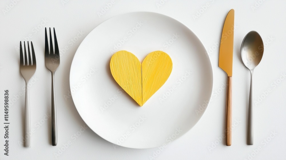 A heart-shaped yellow dessert on a white plate with utensils. A heart-shaped yellow dessert on a white plate with utensils.