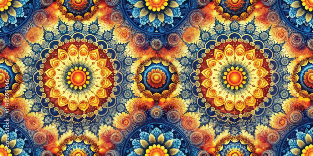Vibrant mandala pattern with rich colors and intricate designs, creating a serene atmosphere. Vibrant mandala pattern with rich colors and intricate designs, creating a serene atmosphere.
