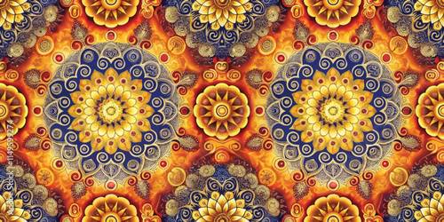 Vibrant abstract mandala pattern with intricate details in gold, blue, and warm tones.