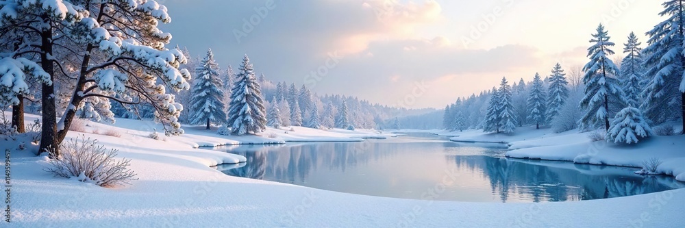 A stunning winter scene with a snow-covered hill and a frozen pond in the background, icy forest, frozen pond A stunning winter scene with a snow-covered hill and a frozen pond in the background, icy forest, frozen pond