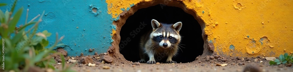 Curious raccoon peeking through a hole in the wall, walls, entrance Curious raccoon peeking through a hole in the wall, walls, entrance