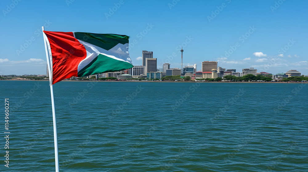 Fototapeta premium Cityscape Photo: Flag Over Water
