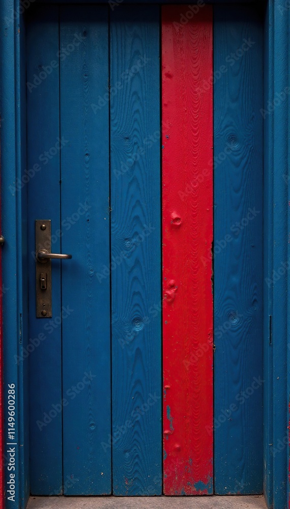 Dark blue and red stripe running vertically down the side of a old wooden door, wood, stepline, dark blue Dark blue and red stripe running vertically down the side of a old wooden door, wood, stepline, dark blue