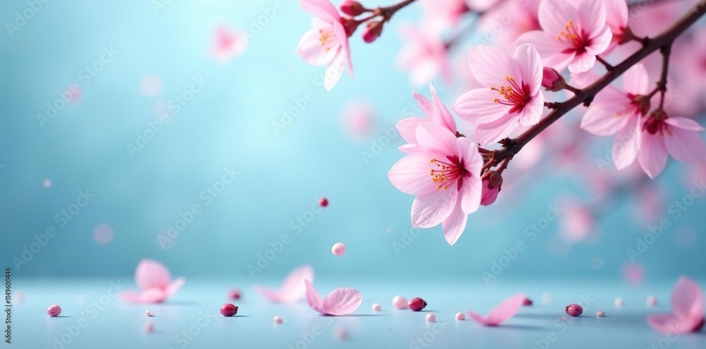 Fototapeta premium Delicate cherry blossom petals falling gently on a soft blue background, blossoms, serene landscape