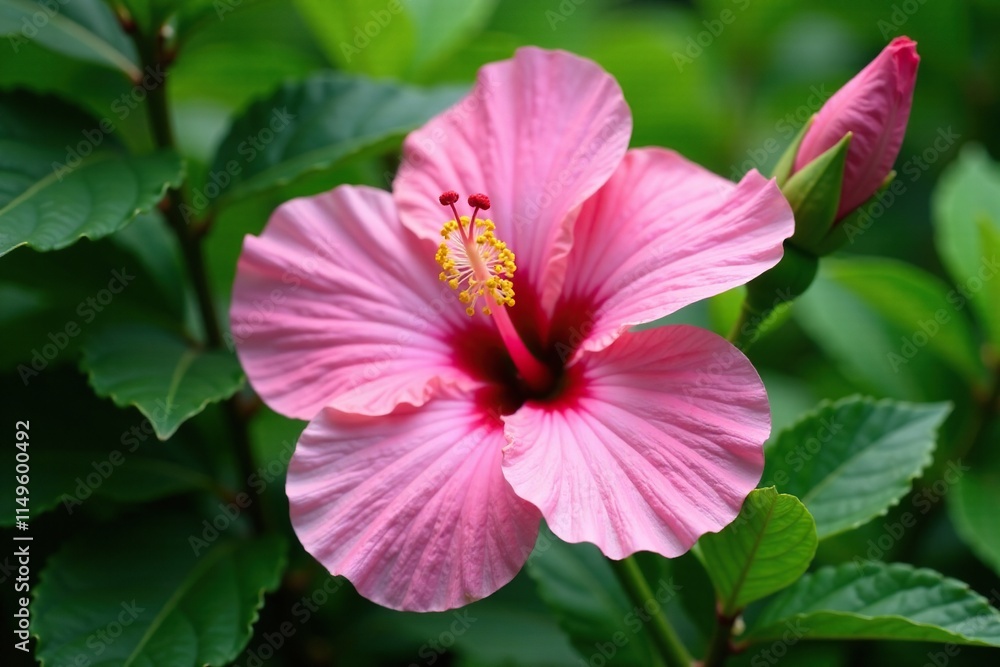Delicate petals of pink hibiscus fragilis flower in a lush green garden, floral, , botanical Delicate petals of pink hibiscus fragilis flower in a lush green garden, floral, , botanical