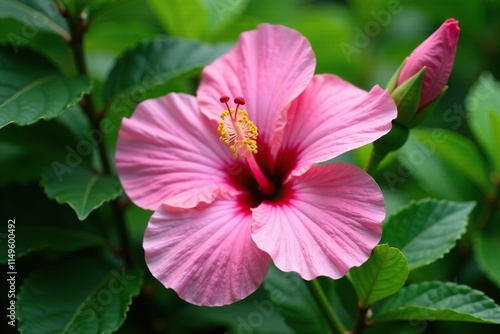 Delicate petals of pink hibiscus fragilis flower in a lush green garden, floral, , botanical