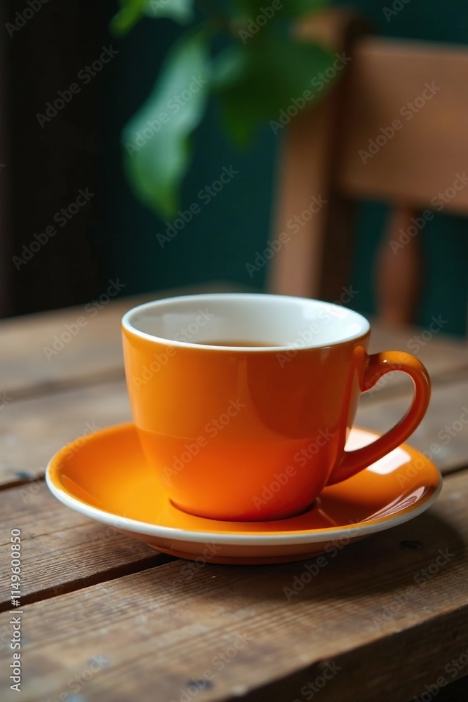 Empty orange cup and saucer on a rustic wooden table, empty, orange, cup Empty orange cup and saucer on a rustic wooden table, empty, orange, cup