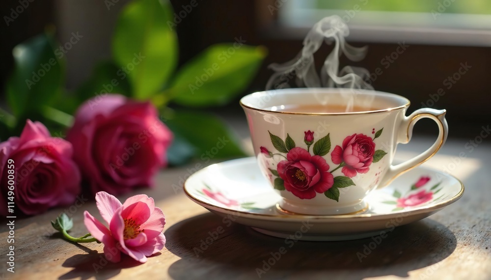 Steaming hot Earl Grey tea in a delicate porcelain cup, floral, earl grey Steaming hot Earl Grey tea in a delicate porcelain cup, floral, earl grey