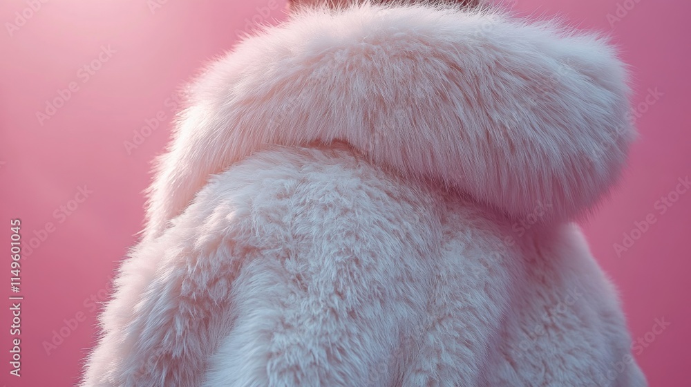 Rear view of a fluffy white fur coat against a pink background.