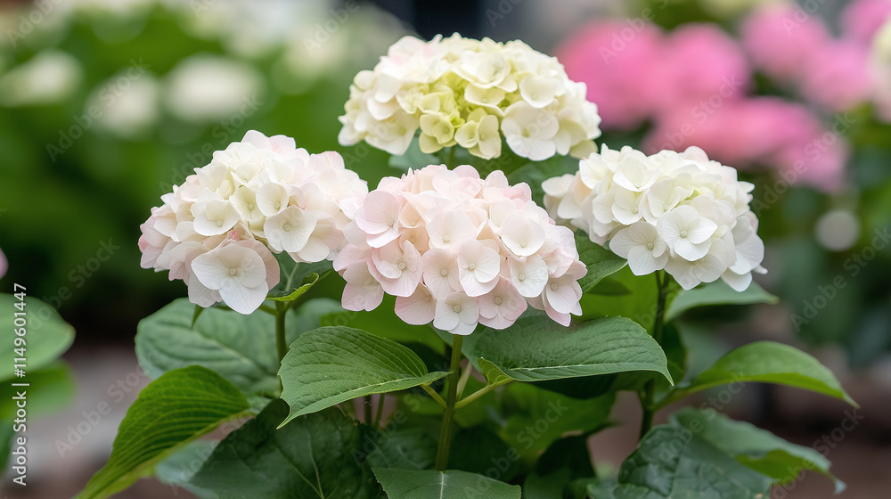 A detailed photo of a pastel-colored hydrangea bush in full bloom, with soft morning light highlighting the delicate petals A detailed photo of a pastel-colored hydrangea bush in full bloom, with soft morning light highlighting the delicate petals