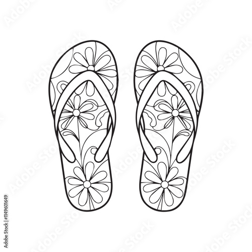 Doodle flip flop shoes in outline with flower pattern. Pair of slippers coloring page. Hand drawn shoes logo. Vector illustration