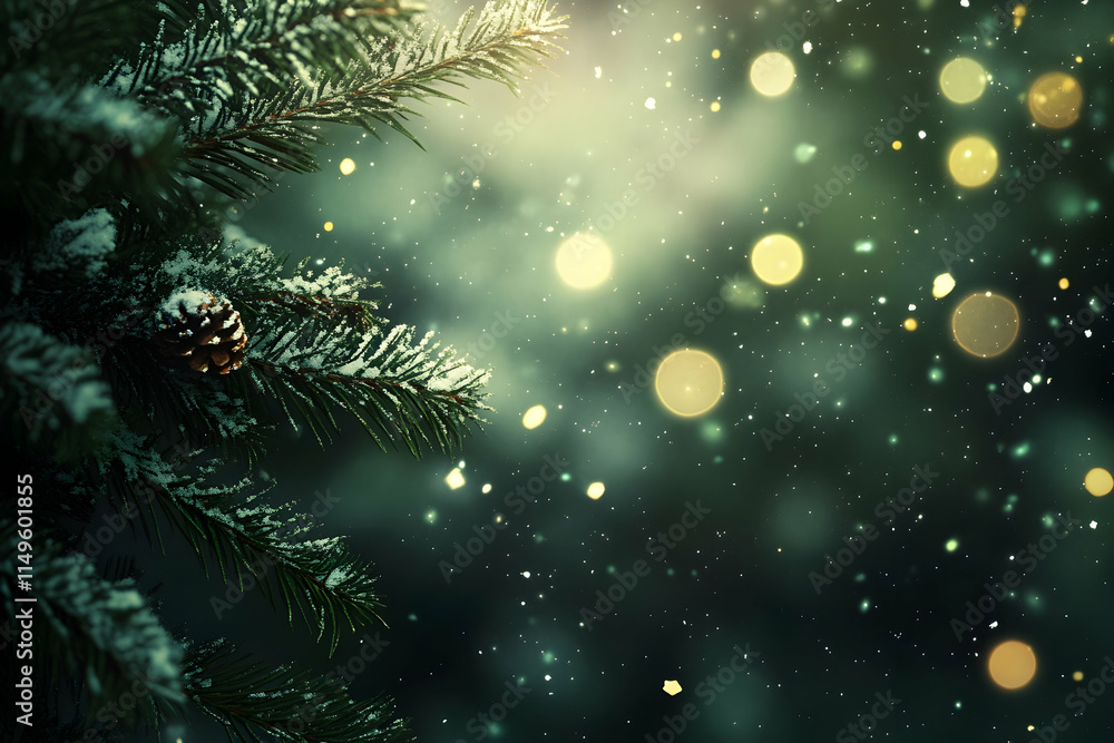 Snow-covered pine tree branches with glowing golden bokeh lights, evoking a peaceful winter holiday scene. Snow-covered pine tree branches with glowing golden bokeh lights, evoking a peaceful winter holiday scene.