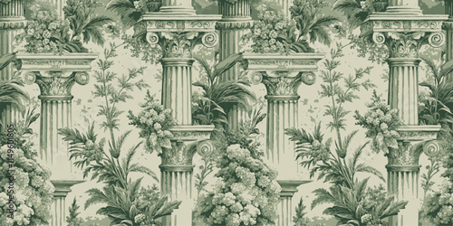 Intricate green floral wallpaper featuring classical columns and lush botanical designs.