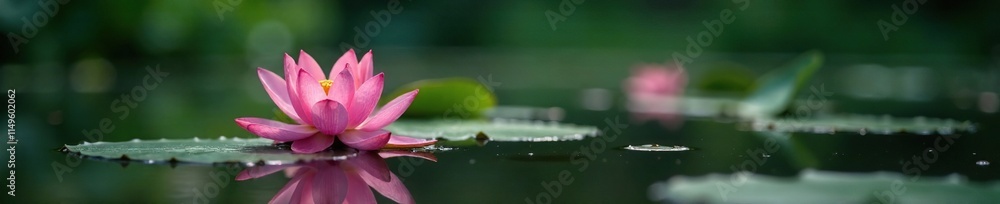 A single lotus flower blooms in the shallow pond's surface, peaceful, reflected A single lotus flower blooms in the shallow pond's surface, peaceful, reflected