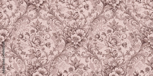 Elegant vintage floral pattern featuring intricate designs in soft pink hues.