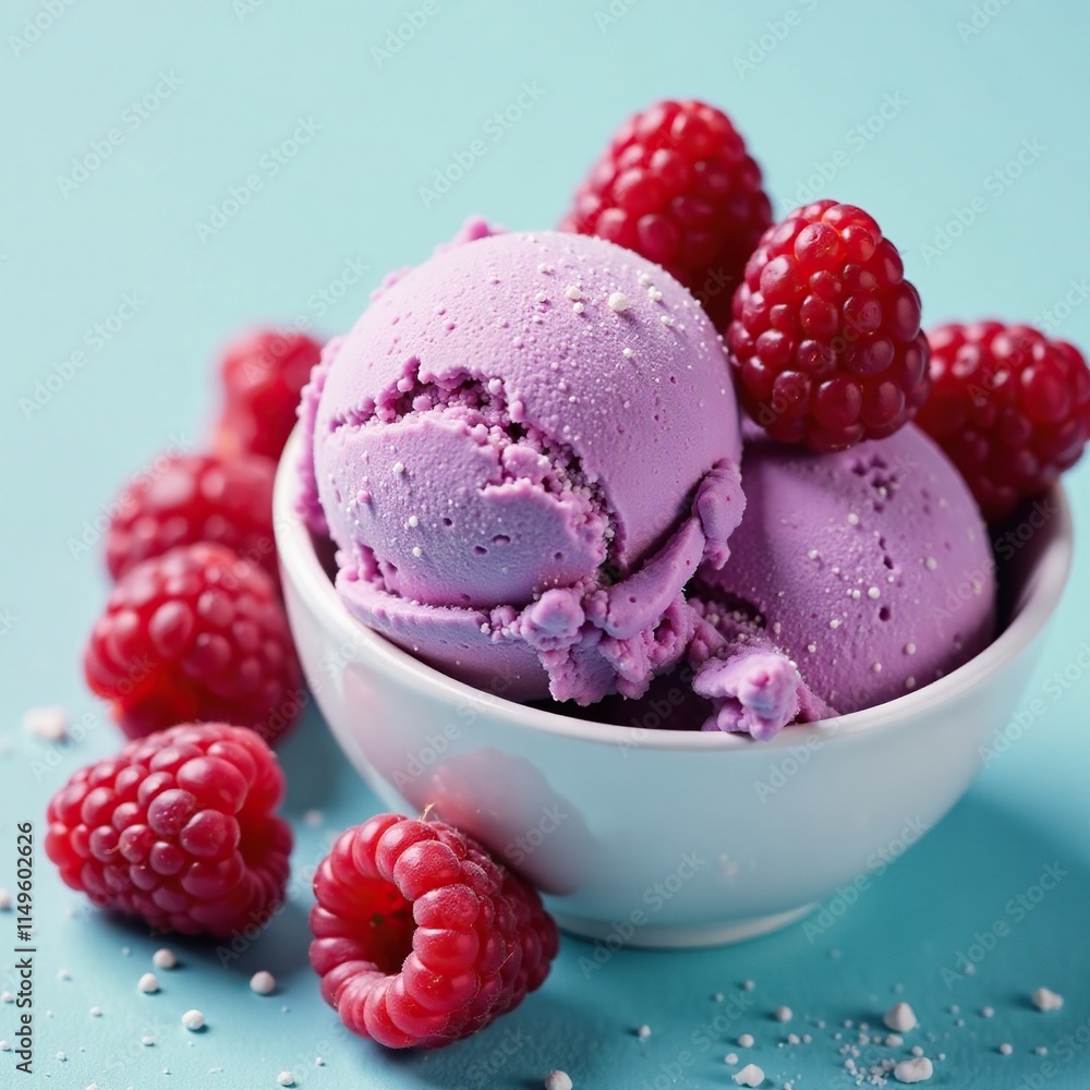 Purple ice cream with raspberries and a sprinkle of sugar, summery, desserts, colorful Purple ice cream with raspberries and a sprinkle of sugar, summery, desserts, colorful