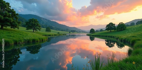 Rainbow hues reflected in a tranquil green meadow, lake, rainbow, mirror-like effect