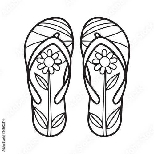 Doodle flip flop shoes in outline with flower pattern. Pair of slippers coloring page. Hand drawn shoes logo. Vector illustration