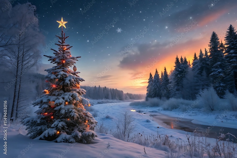Fototapeta premium A Magical Winter Wonderland A Snow Covered Forest Illuminated by a Sparkling Christmas Tree Adorned with Starry Decorations and Surrounded by the Tranquil Beauty of a Starlit Night Sky