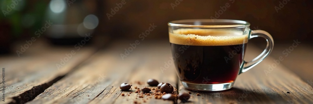 Dark liquid fills a glass container on a wooden surface, glass cup, coffee Dark liquid fills a glass container on a wooden surface, glass cup, coffee