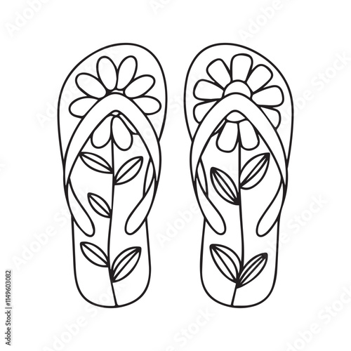 Doodle flip flop shoes in outline with flower pattern. Pair of slippers coloring page. Hand drawn shoes logo. Vector illustration