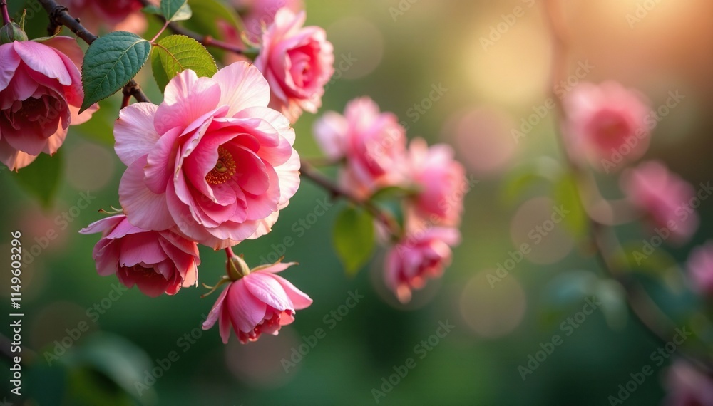 Delicate pink rose petals cascade down a tree branch, garden flowers, tree in bloom Delicate pink rose petals cascade down a tree branch, garden flowers, tree in bloom