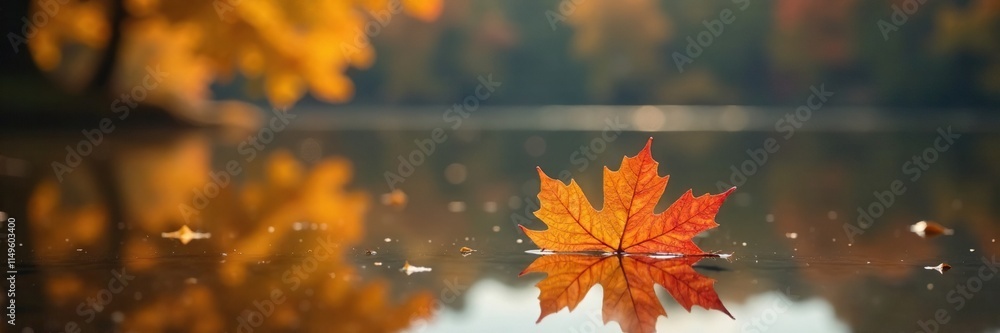 Softly glowing maple leaf on the surface of a calm and clear autumn lake with a blurred background of vibrant fall colors, peaceful water, floating leaf, fall foliage Softly glowing maple leaf on the surface of a calm and clear autumn lake with a blurred background of vibrant fall colors, peaceful water, floating leaf, fall foliage