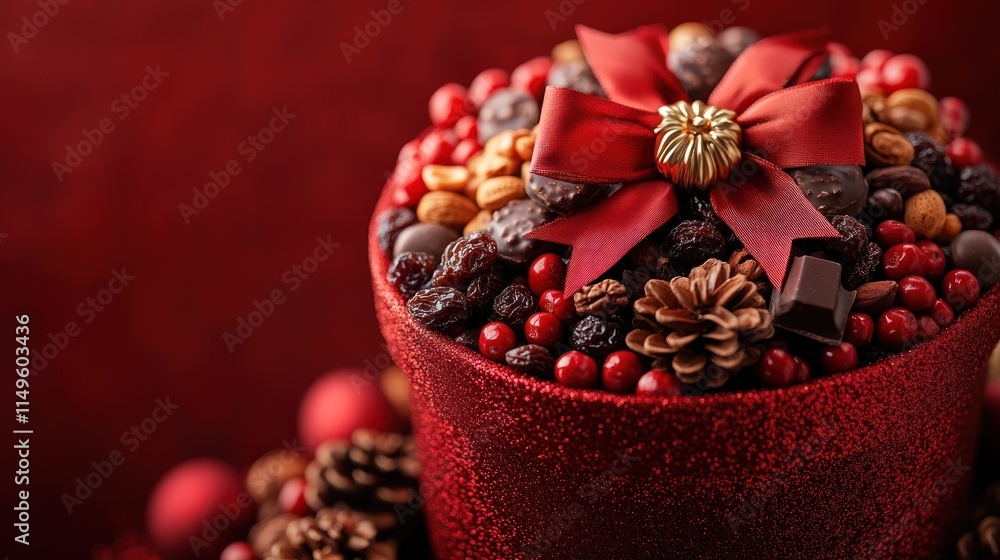 Fototapeta premium Red gift box filled with chocolates, nuts, cranberries, and pine cones.