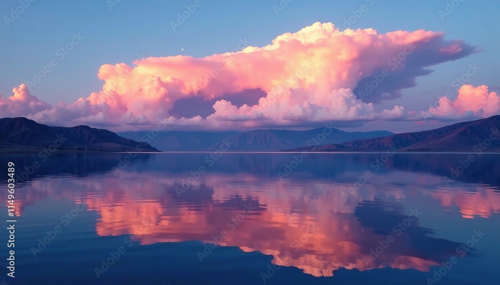 Fototapeta premium Softly glowing sky with lenticular clouds above Mono Lake at twilight, colors, lakes, surreal