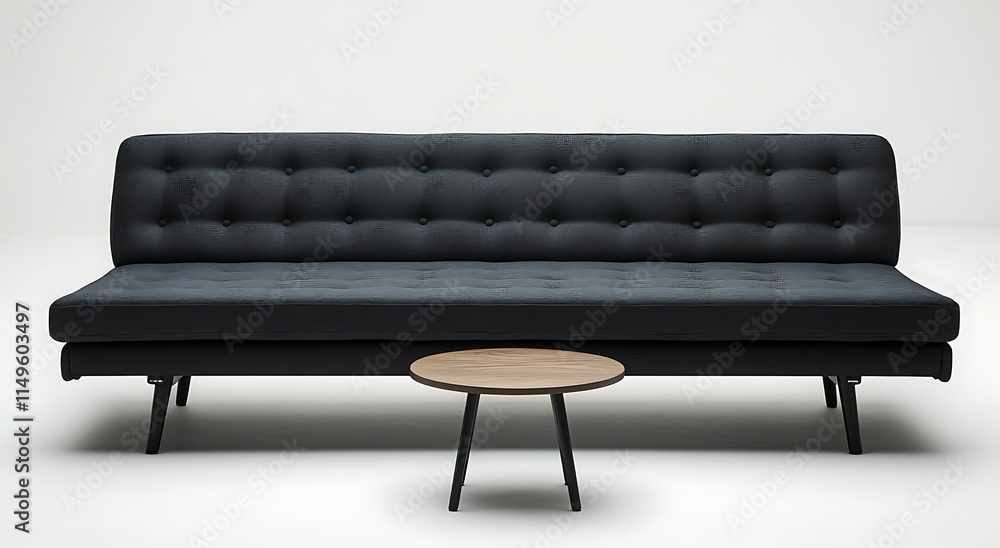 Modern black sofa with wooden side table on white background. Modern black sofa with wooden side table on white background.