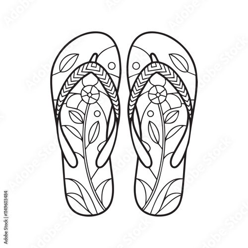 Doodle flip flop shoes in outline with flower pattern. Pair of slippers coloring page. Hand drawn shoes logo. Vector illustration