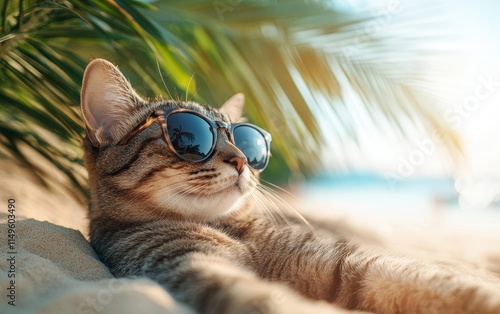 Cool Cat on Tropical Beach Vacation:  A Relaxed Feline in Sunglasses Enjoying Summer Sunshine