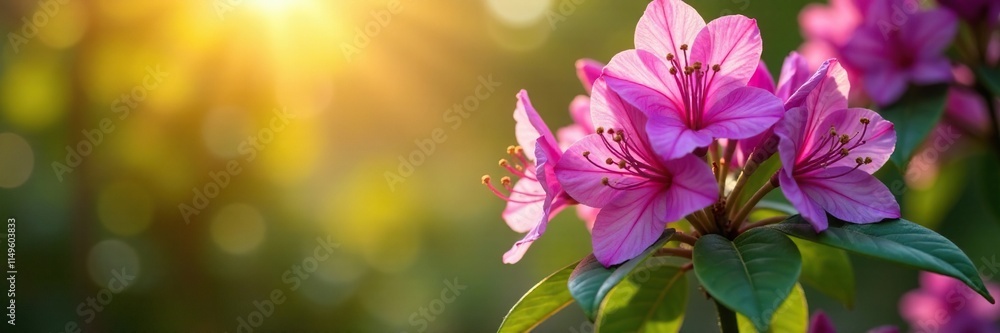 Tall purple rhododendron tree with leaves in warm sunlight, plant, leaves Tall purple rhododendron tree with leaves in warm sunlight, plant, leaves