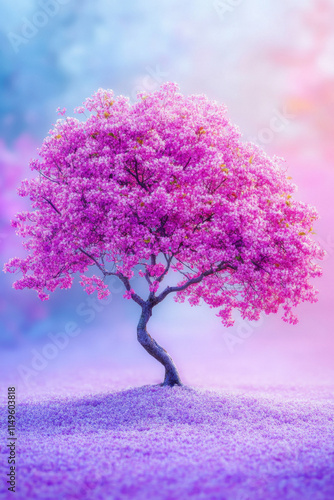 Tree standing, A vibrant jacaranda tree in full bloom, showcasing stunning purple flowers against a clear background, perfect for nature and floral imagery.