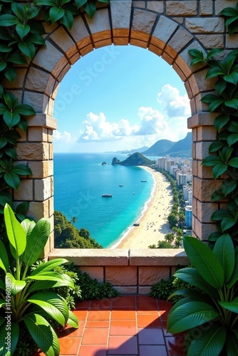 Fort's observation deck with Copacabana beach in the background, tropical plants, fort photo