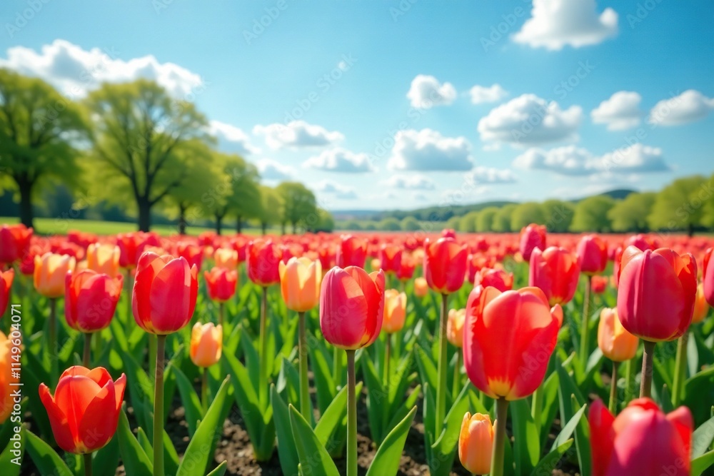 Tulips blooming in the foreground under a clear blue sky with white clouds and trees in the background, nature, greenery, landscape Tulips blooming in the foreground under a clear blue sky with white clouds and trees in the background, nature, greenery, landscape